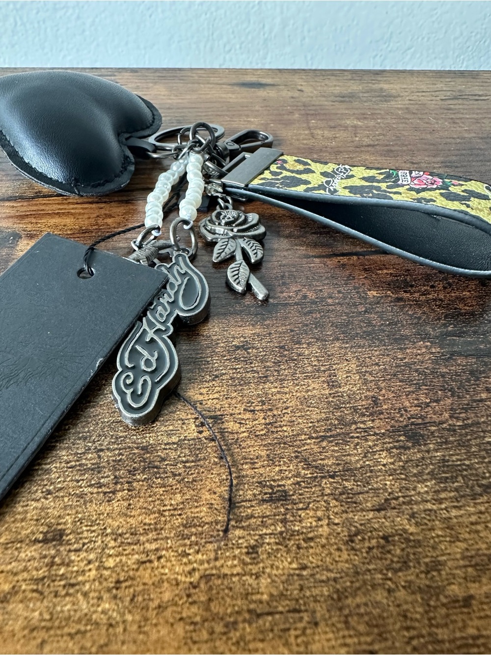 Ed Hardy Black Heart Bag Charm Keychain Faux Leather Heart & Metal Charms NWT - Picture 2 of 4